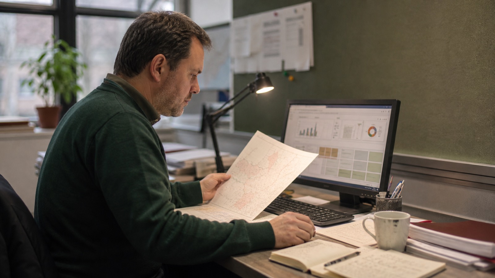 Analityk porównuje mapę operacyjną z danymi na ekranie.