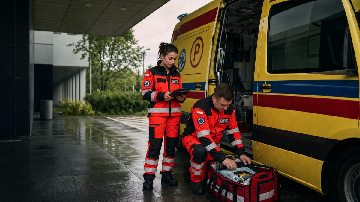 Dwoje polskich ratowników medycznych przygotowuje wyposażenie przy ambulansie.