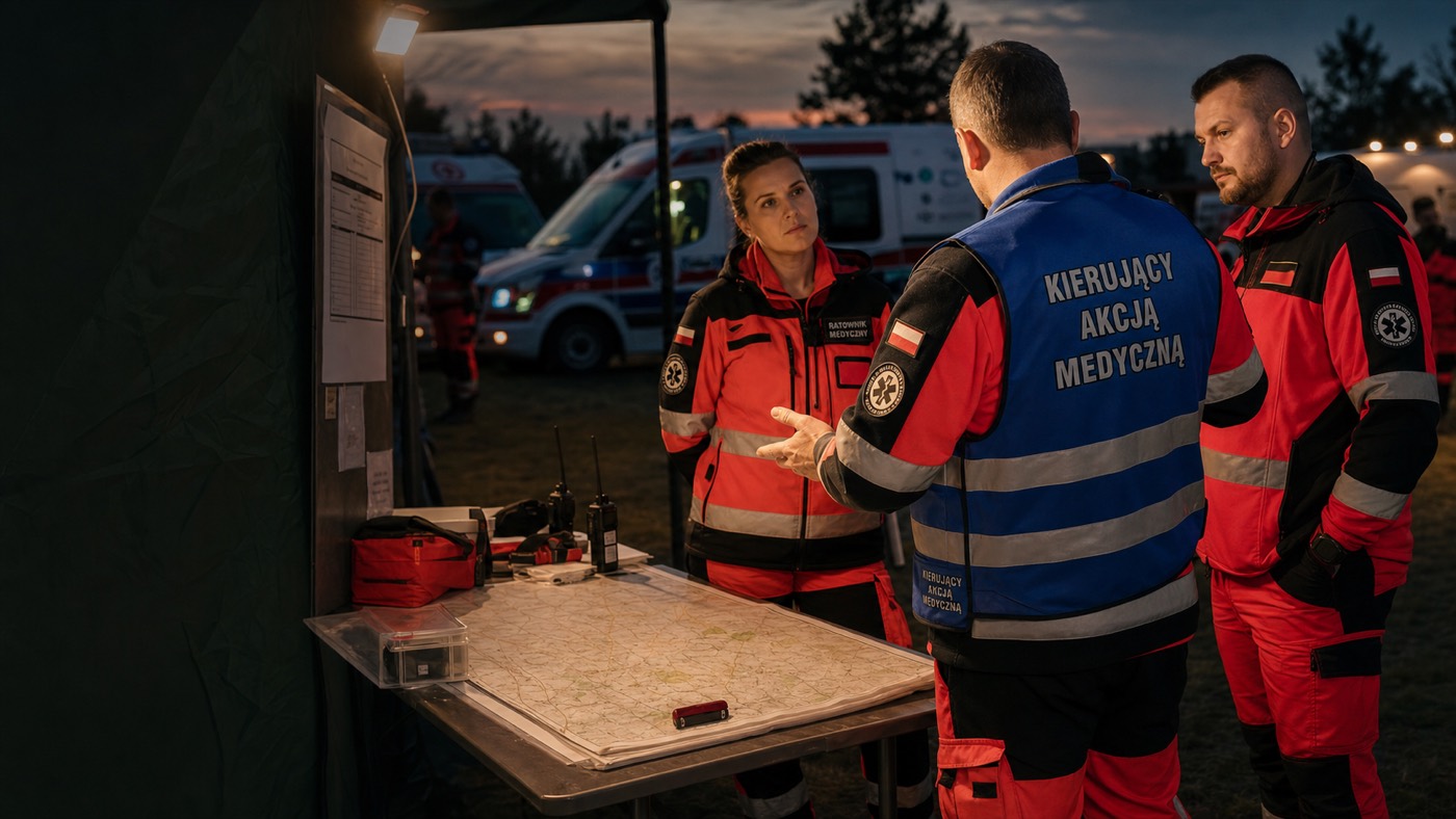 Kierujący akcją medyczną prowadzi odprawę zespołów ratownictwa medycznego.
