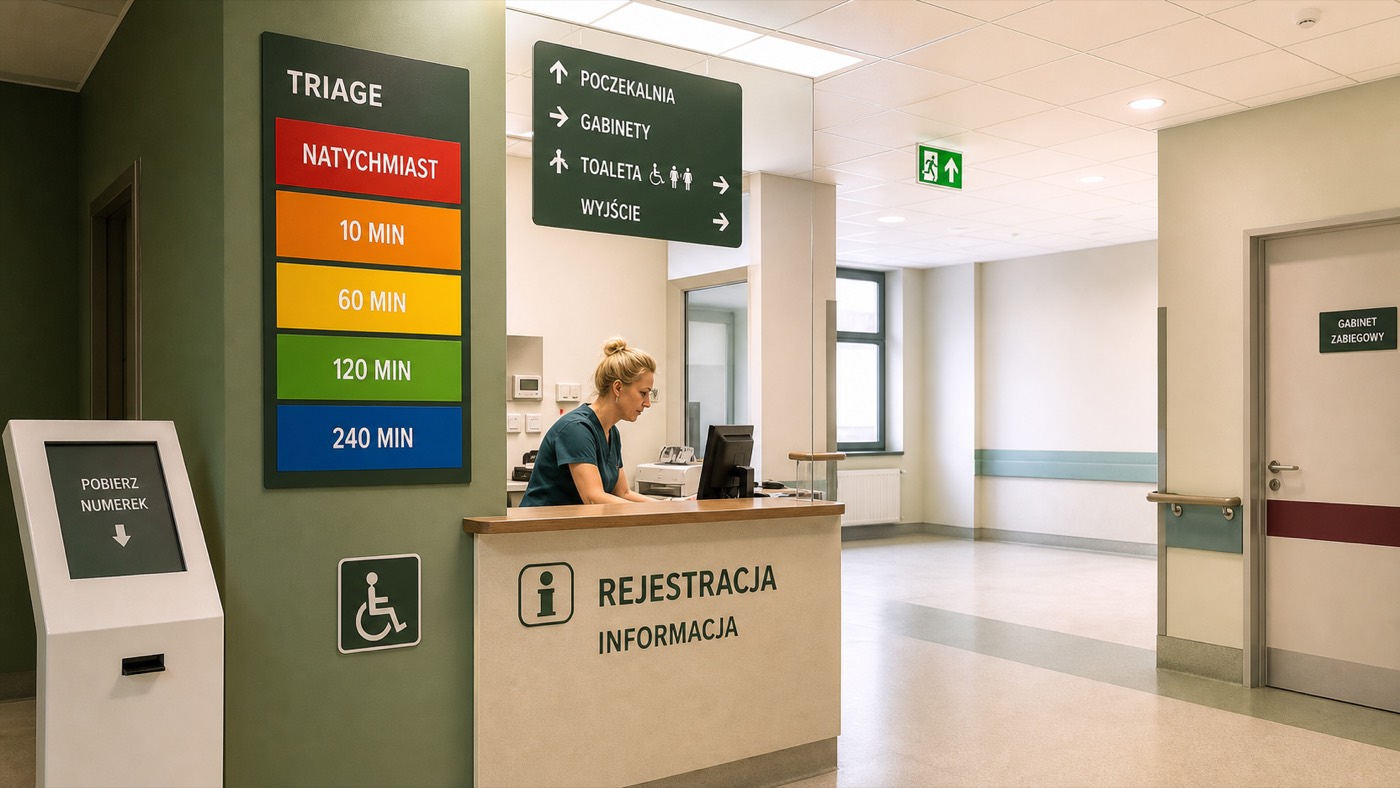 Polski punkt triage na SOR z kategoriami pilności i rejestracją.